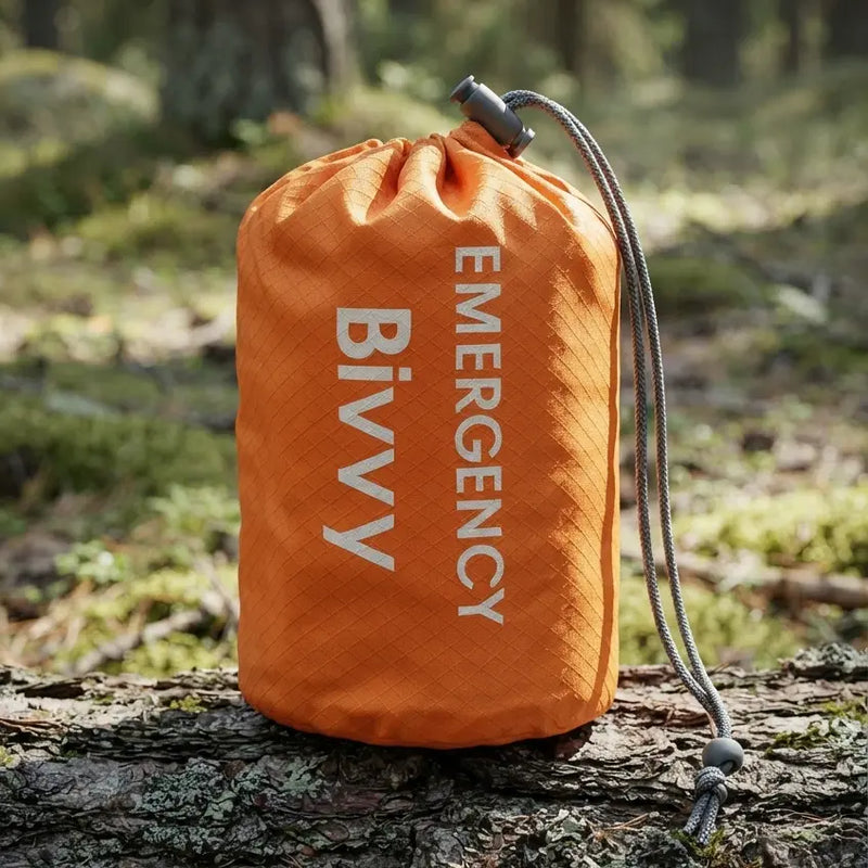 Compact sleeping bag sitting on a log in a forest