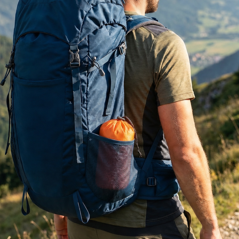 A man hiking on a mountain trail with the side mesh pocket of his backpack holding an the orange emergency sleeping bag
